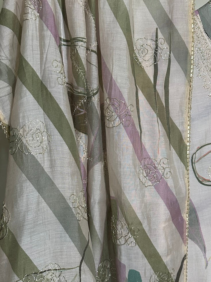 Lavender Printed And Embroidered Suit with Dupatta - Farsi Salwar