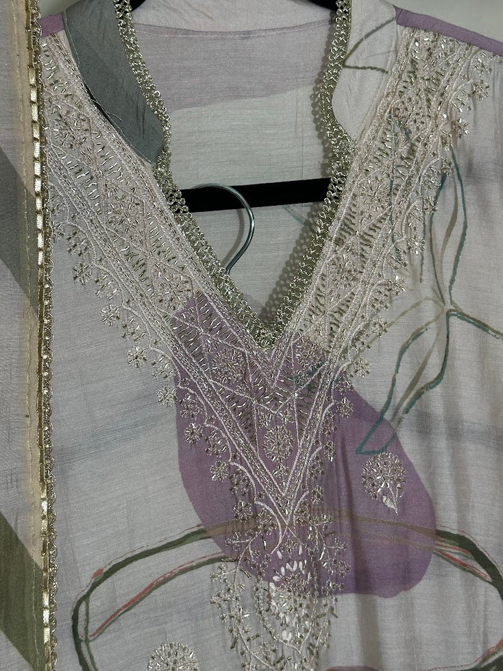 Lavender Printed And Embroidered Suit with Dupatta - Farsi Salwar