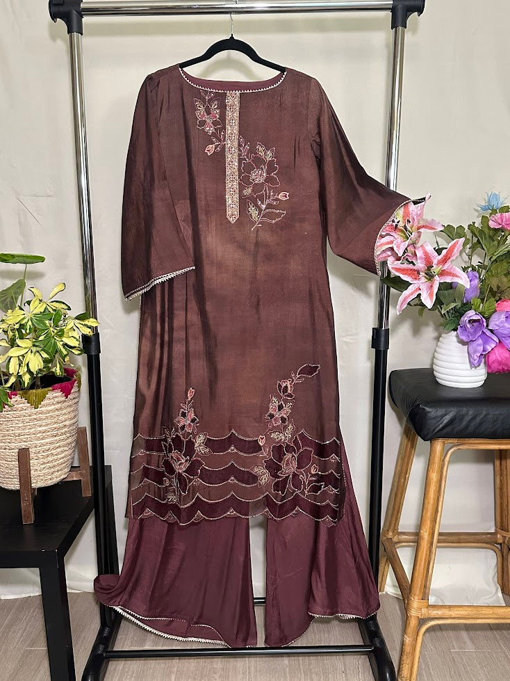 Maroon Applique Suit with Dupatta - Flare Palazzo