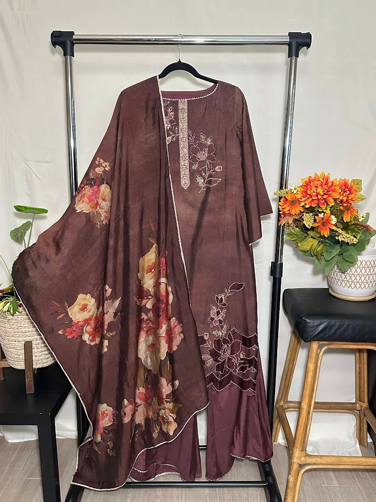 Maroon Applique Suit with Dupatta - Flare Palazzo