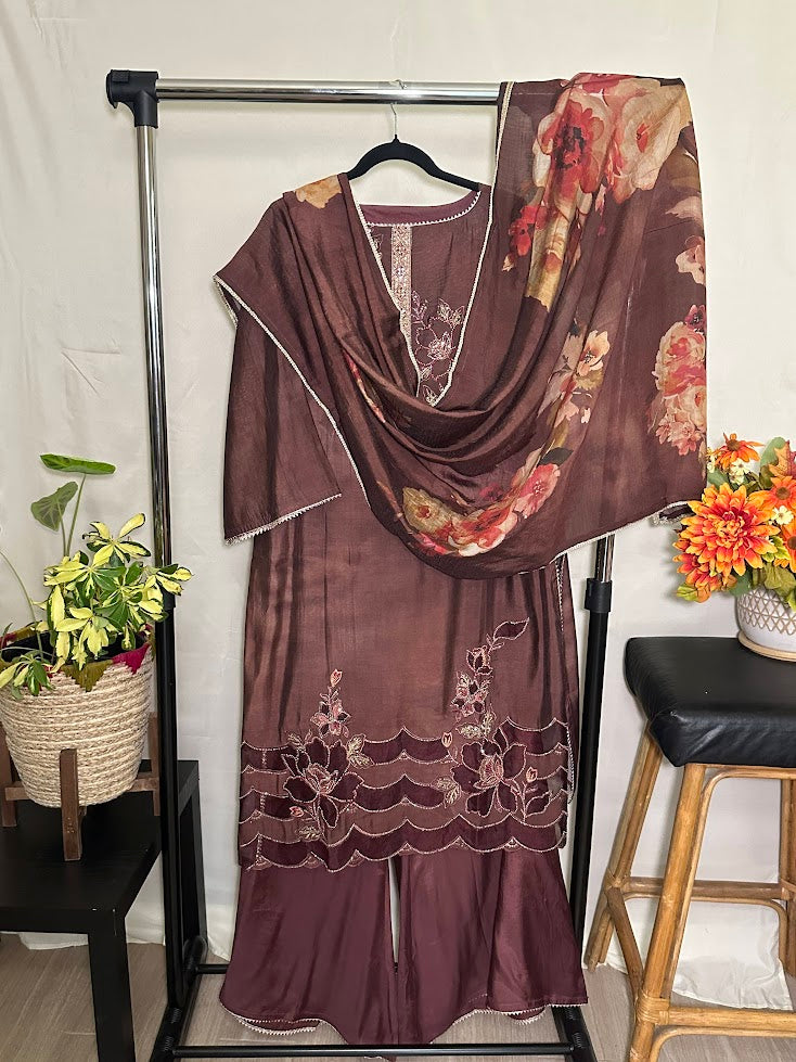 Maroon Applique Suit with Dupatta - Flare Palazzo