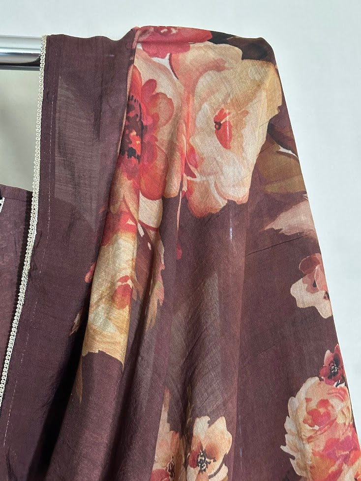 Maroon Applique Suit with Dupatta - Flare Palazzo