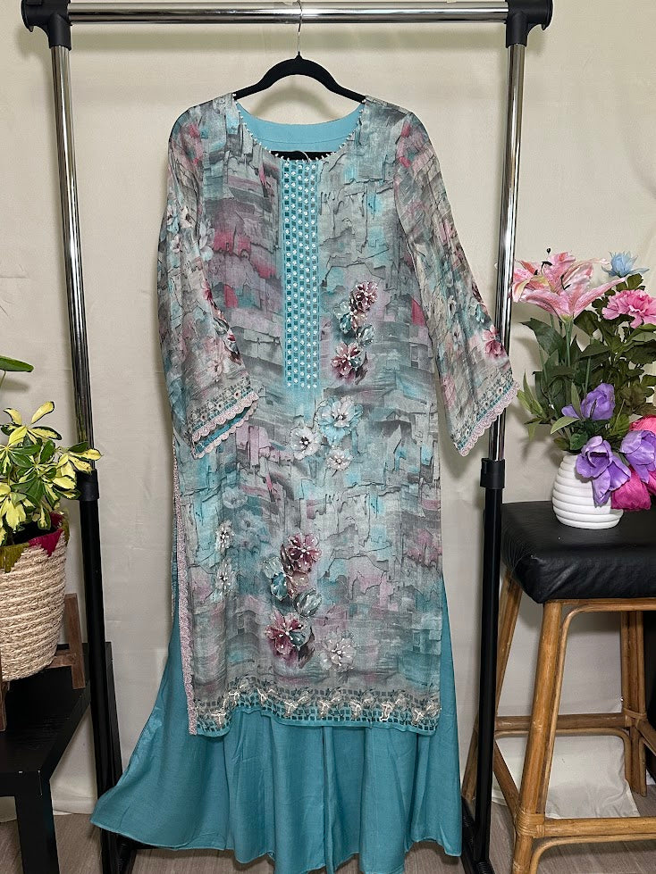 Teal Blue Kora Silk Printed Set with Dupatta - Flare Palazzo