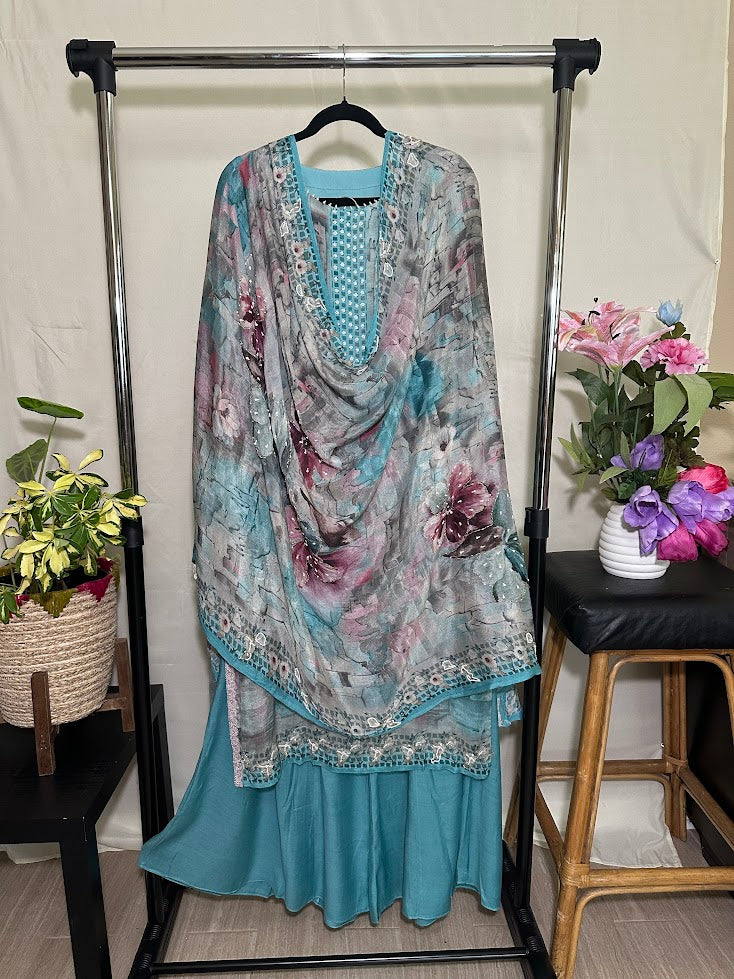 Teal Blue Kora Silk Printed Set with Dupatta - Flare Palazzo