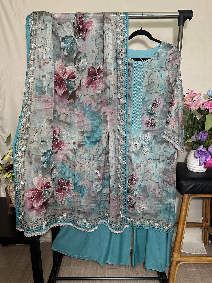 Teal Blue Kora Silk Printed Set with Dupatta - Flare Palazzo