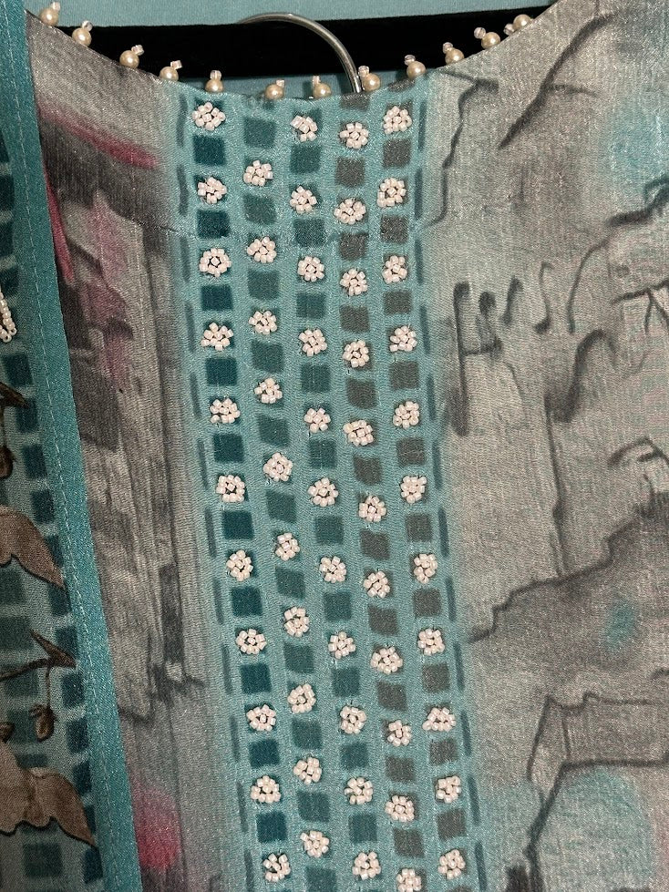 Teal Blue Kora Silk Printed Set with Dupatta - Flare Palazzo