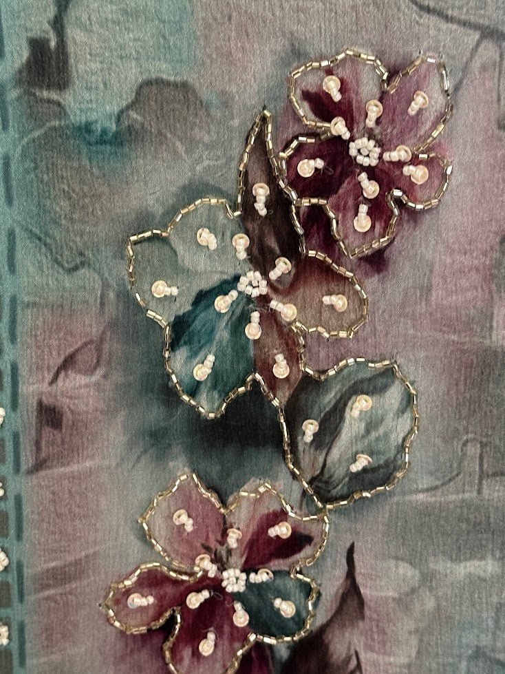 Teal Blue Kora Silk Printed Set with Dupatta - Flare Palazzo