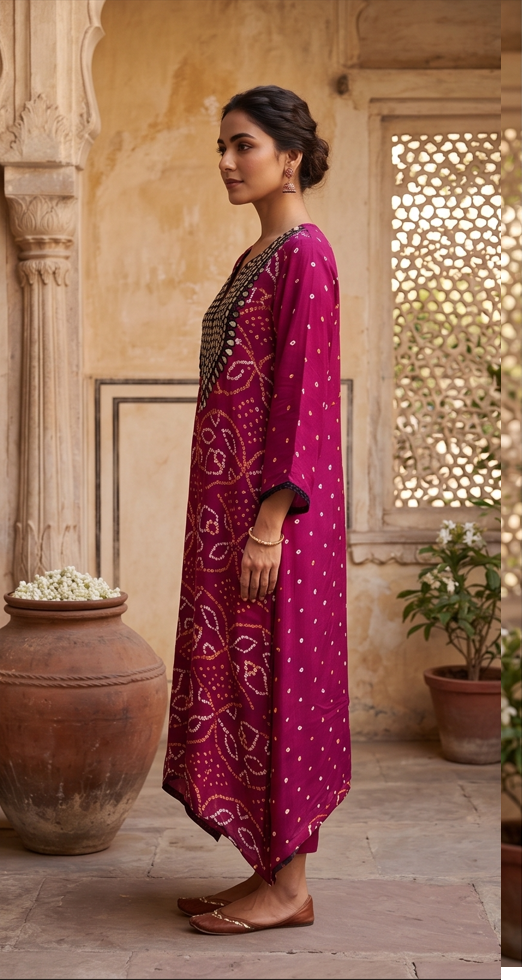 Magenta Bandhini Modal Silk Kurti With Mirror Work