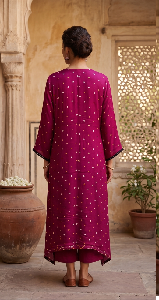 Magenta Bandhini Modal Silk Kurti With Mirror Work