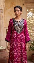 Magenta Bandhini Modal Silk Kurti With Mirror Work