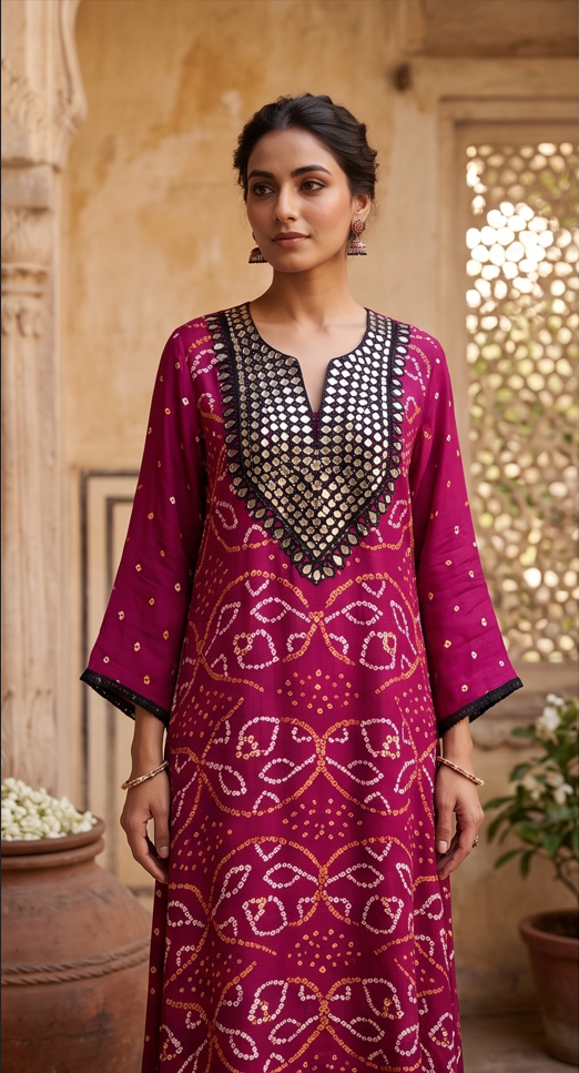 Magenta Bandhini Modal Silk Kurti With Mirror Work