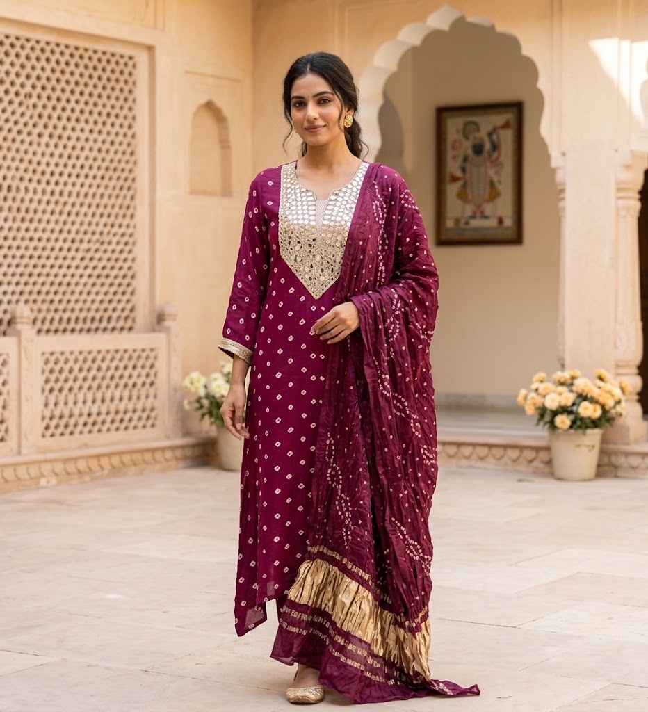 Magenta Modal Silk Kurti With Mirror Work & Bandhini Dupatta