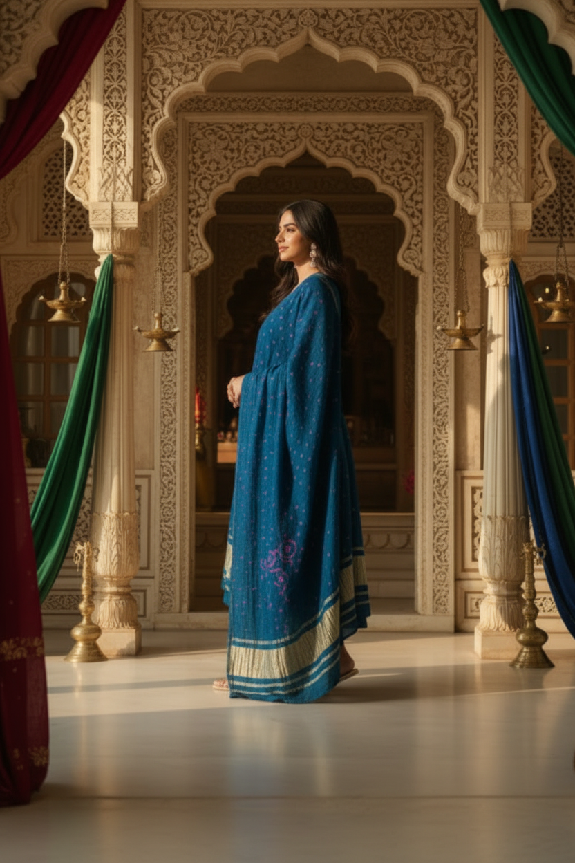 Peacock Blue Modal Silk Kurti With Dupatta